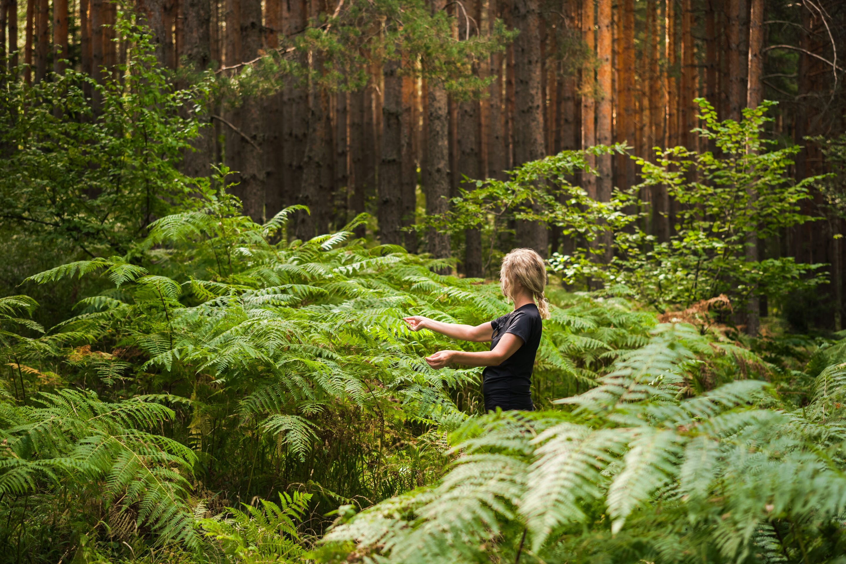 Forest baths, an adult woman in thickets of ferns restoring health and psyche in nature Hilfe bei chronischen Schmerzen, Chronische Schmerzen lösen – (was hilft?), Frau ohne Schmerzen
